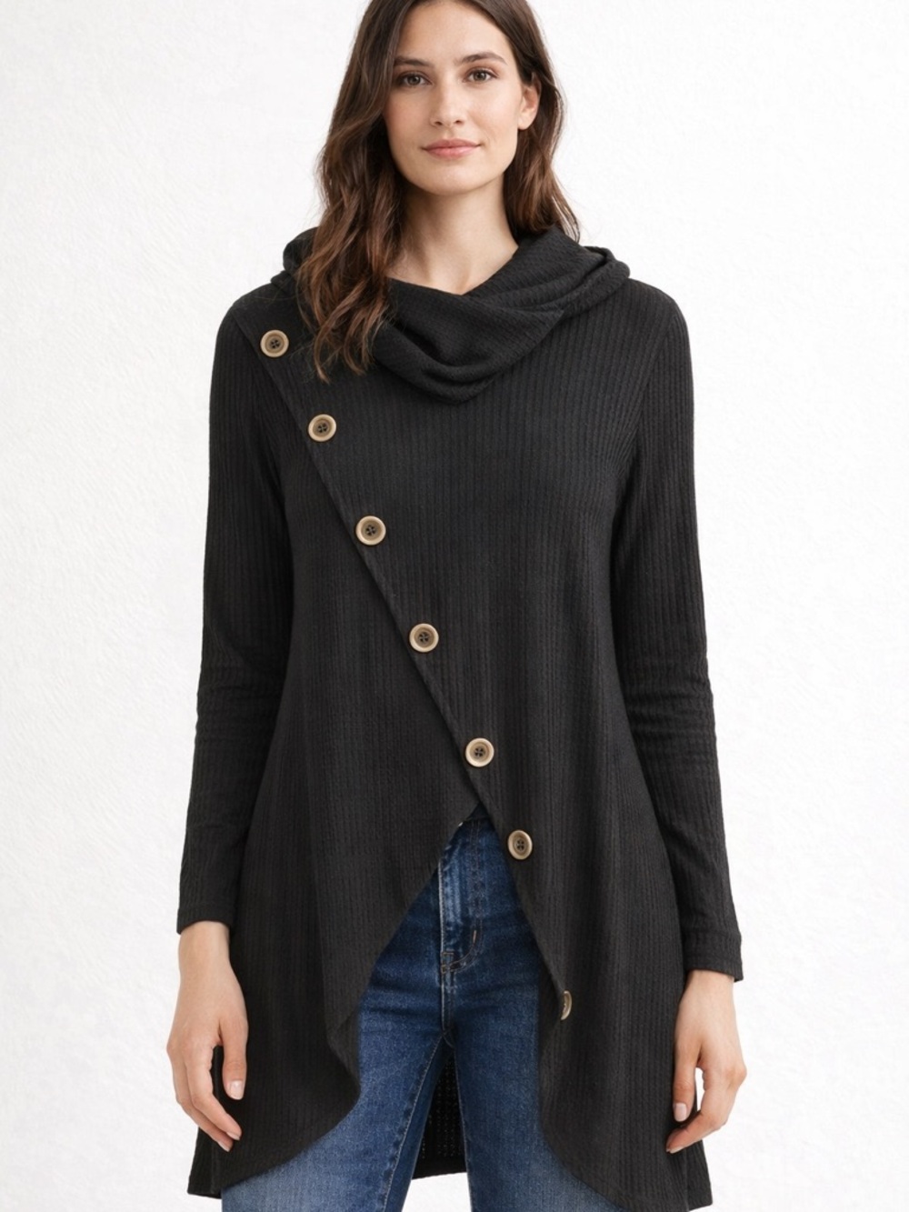 Black Button-Detail Asymmetric Cowl Neck Sweater The Nines M